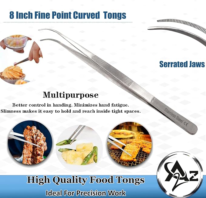 Professional Culinary Stainless Steel Precision Tongs With Serrated Tips - Plating/Food Presentation Detailing Serving - Chef's Kitchen Tweezer - Ultra Non-Slip Grip (8" Curved Slim)