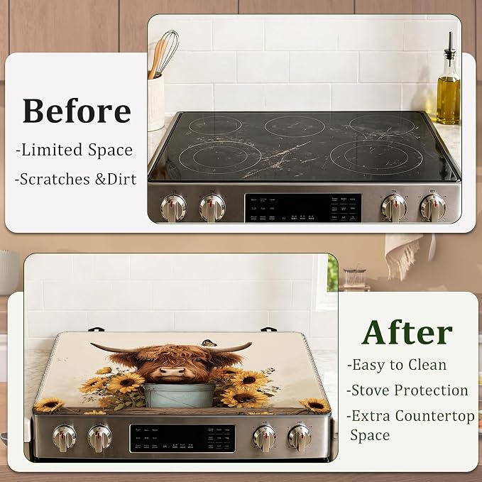 Highland Cow Sunflower Farmhouse Stove Top Cover for Electric Stove 28.5"x 20.5",Heat Resistant Glass Top Stove Cover Protector, Glass Cooktop Covers,Kitchen Flat Electric Stove Top Covers