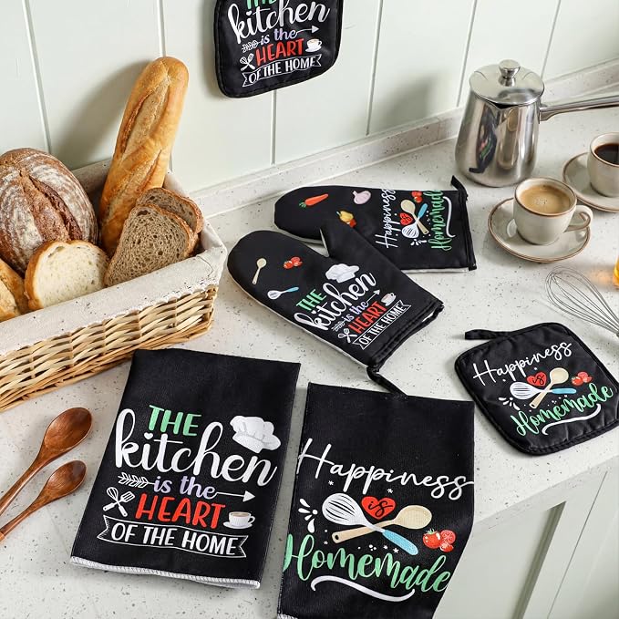 Sratte 6 Pcs Kitchen Decor Accessories Set, Kitchen, Black Color | Farmhouse Kitchen Towels Pot Holders Oven Mitts Set 2 Dish Towels 2 Potholders 2 Cooking Mittens for Baking Cooking Supply