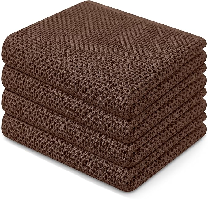 Homaxy 100% Cotton Waffle Weave Kitchen Dish Towels 4-Pack, Coffee | 13 x 28 Inches, Ultra Soft Absorbent Dish Towels, Quick Drying Cleaning Towels