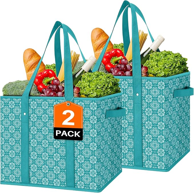 Reusable Grocery Bags 2 Pack, Foldable & Water Resistant Shopping Bags | Large Grocery Tote Bag Water Resistant Shopping Bags Foldable Grocery Bag for Clothes,Shoes and Picnic
