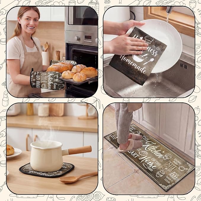 10 Pcs Kitchen Decor and Accessories Set, Vintage Rustic | Grunge Gray Brown 4 Dish Towels Kitchen Rugs 2 Oven Mitts 2 Pot Holders, Home Decor for Cooking Baking BBQ Housewarming