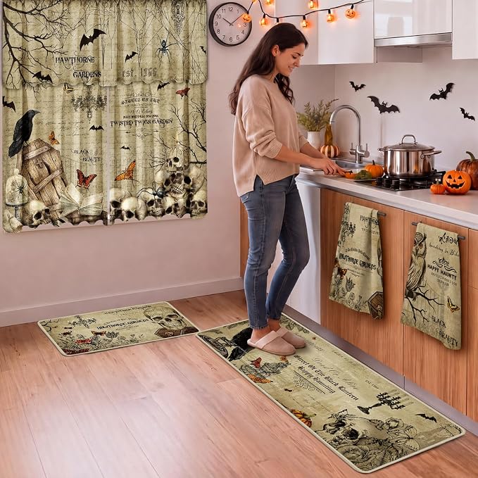 13 Pack Vintage Gothic Halloween Kitchen Decor Set, 3 Curtain Valance 2 Non Slip Rugs 4 Kitchen Towels 2 Pot Holders 2 Oven Mitts, Skull Raven Owl Spooky Print for Cooking Baking
