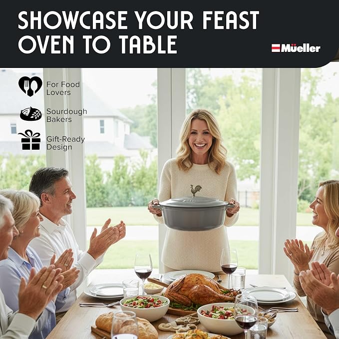 MUELLER HOME 5.5 Quart Enameled Cast Iron Oval Dutch Oven with Rooster Knob & Cotton Potholders, Heavy-Duty Cookware, Oven-Safe up to 500° F & Across All Cooktops, Gifts for Grandma & Women, Gray | Rooster Knob, Cotton Potholders Included, Oven-Safe up...