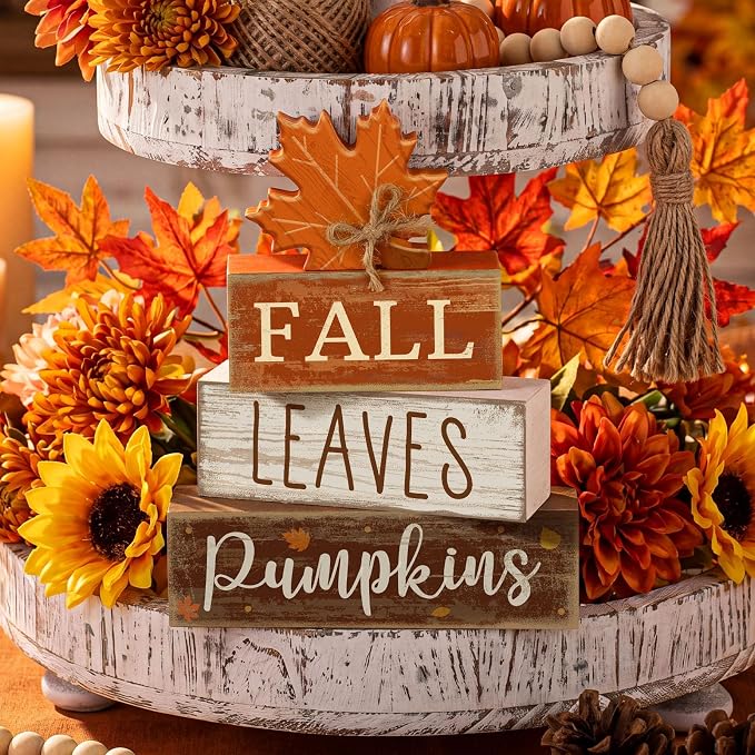 Lineshading 4 Pcs Fall Wood Block Signs Farmhouse Tabletop Decor Pumpkin | Rustic Stacked Blocks with Maple Leaf, Tiered Tray Mantel Decor, Harvest Thanksgiving Accents, Distressed Wood Finish