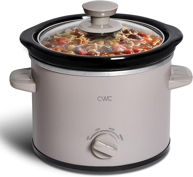 COOK WITH COLOR 2QT Mini Electric Round Slow Cooker - Adjustable Settings, Removable Stoneware Pot, Tempered Glass Lid, Dishwasher Safe, Cool-Touch Side Handles, Greige