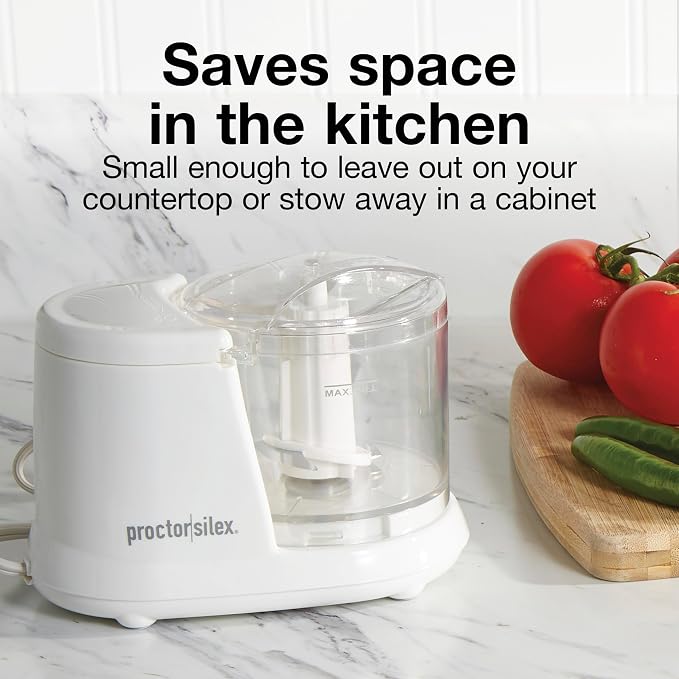 Proctor Silex Durable Electric Vegetable Chopper & Mini Food Processor | 1.5 Cup Bowl | Pulse Speed Control For Chopping, Puree & Emulsify | Stainless Steel Blades | Dishwasher Safe | White | 72500J
