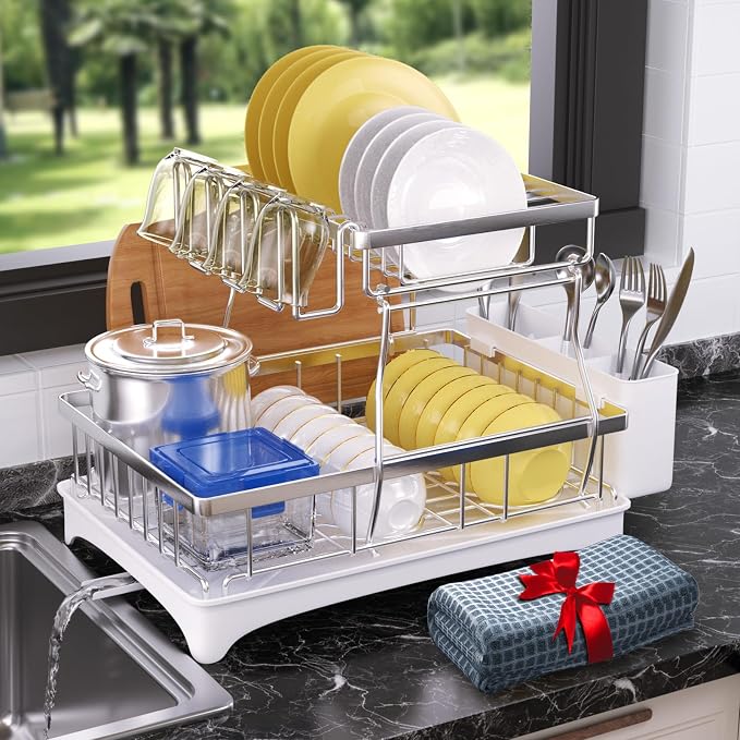 2-Tier Dish Drying Rack - 304 Stainless Steel Dish Rack Auto Drain | Dish Racks for Kitchen Counter, Dish Drainer with Knife Fork & Cup Rack, Gifts for Women, Mothers Day, Kitchen Gadget, Silver