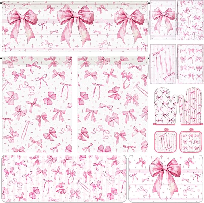 13 Pcs Pink Bow Kitchen Decor Set 3 Coquette Kitchen Curtains Valance 2 Aesthetic Rugs and Mats 4 Girly Hand Towels 2 Pink Pot Holders 2 Oven Mitts for Home Decor Cooking Grilling Housewarming Gift