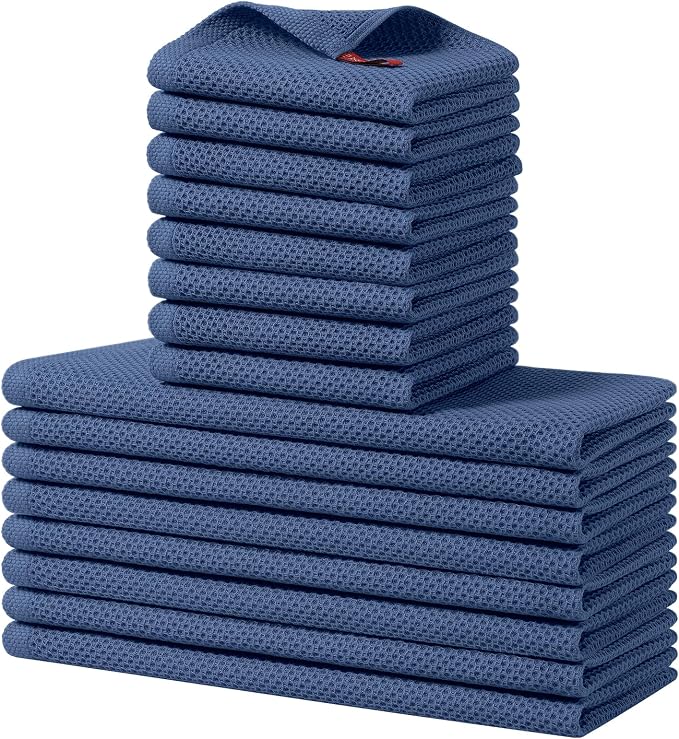 Homaxy 16 Pack 100% Cotton Kitchen Towels and Dishcloths Set, Navy Blue | 12 x 12 Inches and 13 x 28 Inches Kitchen Towels Set, Ultra Soft Absorbent Dish Cloths for Washing Dishes