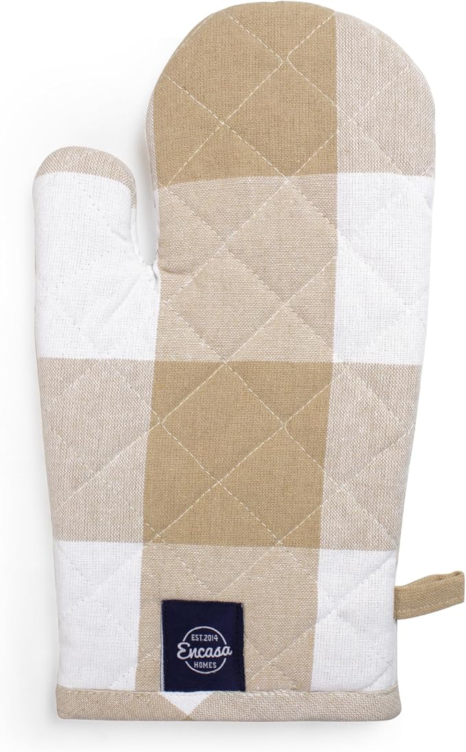 Encasa XO Oven Mitts, Heat Resistant Kitchen Gloves, Microwave | Buffalo Beige Checks, 100% Cotton | Diamond Quilted Insulation | Pot Holders | Hanging Loop | Barbecue & Grill | Set of 2