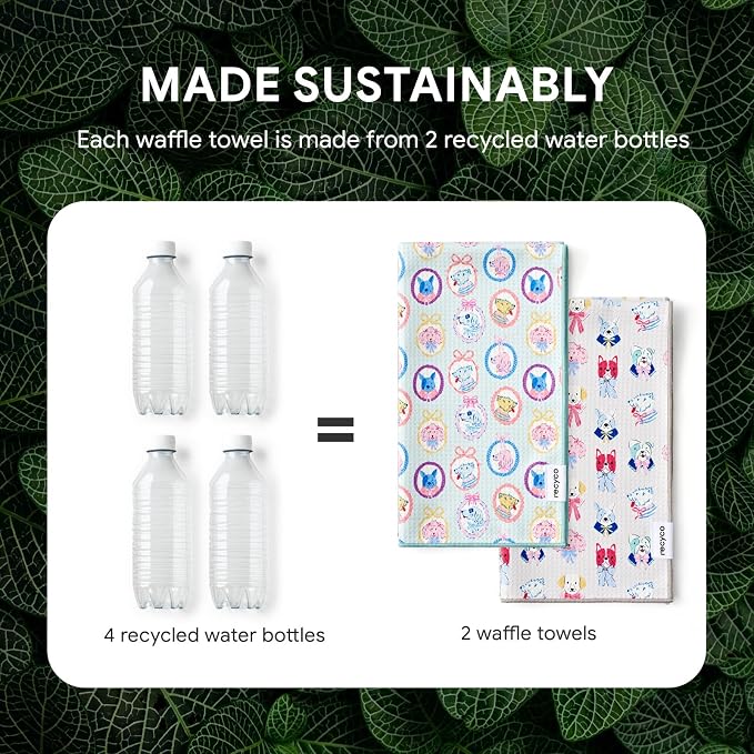 RECYCO Waffle Kitchen Towel Set of 2 - Quick Dry Microfiber Sustainable Dish Towels - Ultra Absorbent Reusable Cleaning Tea Towels - Lightweight Hand Towels,16”x 28”, Puppy Joy