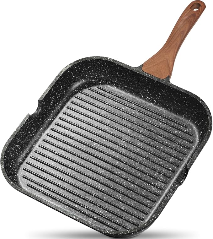 ESLITE LIFE Nonstick Grill Pan for Stove Tops, Versatile Griddle with Pour Spouts, 11 Inch Square Big Grilling Skillet Steak Pan for Indoor & Outdoor Cooking, PTFE & PFOA Free, Black
