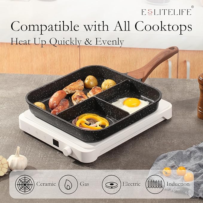 ESLITE LIFE Nonstick Divided Grill Pan for Stove Tops, 11 Inch Versatile 3-In-1 Breakfast Pan, Square Big Grilling Steak Pan for Indoor & Outdoor Cooking, PTFE & PFOA Free, Black