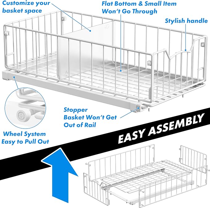 Simple Houseware Pull-Out Cabinet Sliding Basket, 17.2Dx9.7Wx5H, White | Ideal for Kitchen and Bathroom Cabinet Storage Organizer, Under Sink or Pantry Organization