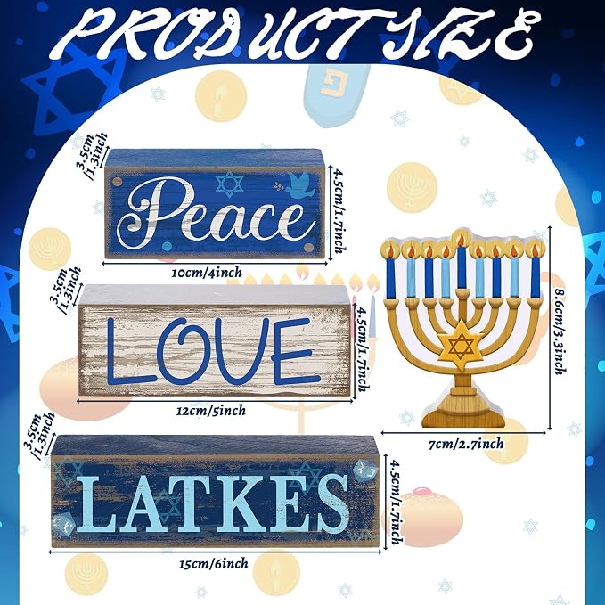 Lineshading 4 Pcs Hanukkah Decorations for Home Wooden Menorah Decor | Chanukah Table Decor, Hanukkah Centerpiece, Rustic Menorah Block Signs Jewish New Year Decoration for Home Tiered Tray Decor