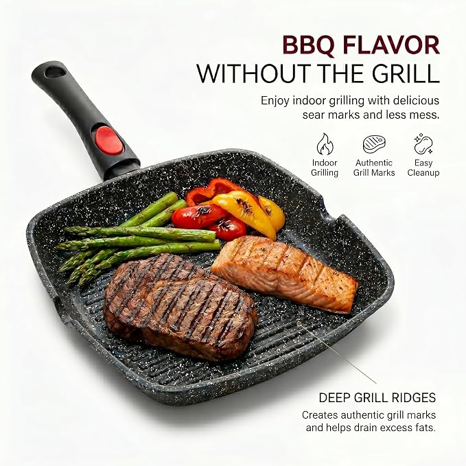 Moss & Stone Grill Pan for Indoor Cooking 11Inch Nonstick Square Grill Pan | RV Induction Griddle Pan with Removable Handle for Gas, Electric & Ceramic Stovetops, Oven Safe Skillet with Pour Spouts