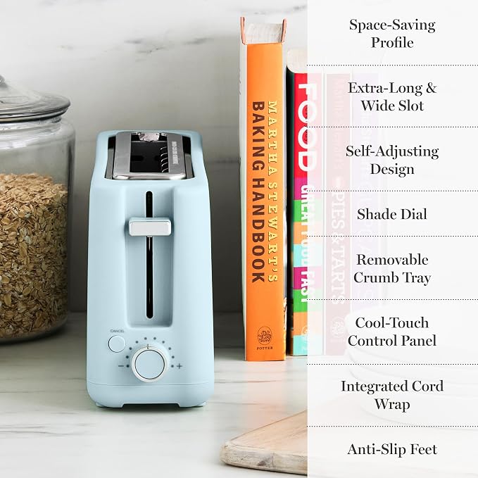 Martha Stewart 2 Slice Long Slot Toaster, Extra Wide, Sky Blue | 10 Shade Settings, 10” Wide Slot, Sourdough, Bagels, Artisan Bread & Waffles, Smart Centering, Removable Crumb Tray