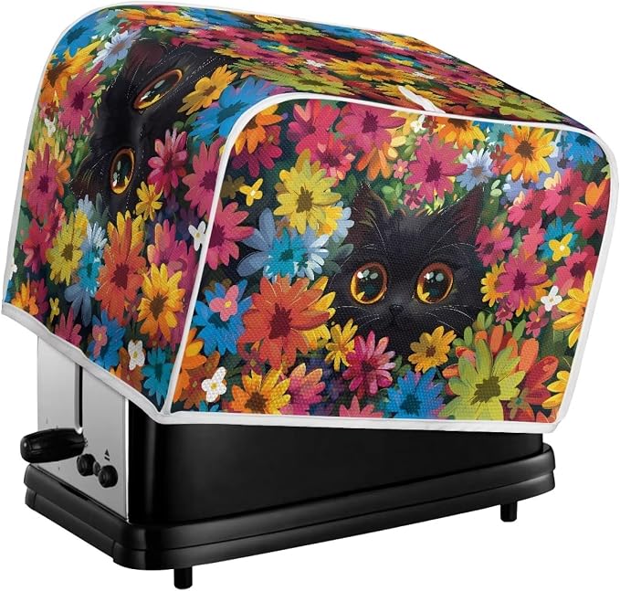 Cat Floral Print Toaster Cover 2 Slice Long Slot, Non Slip Bread Cover Dust Protection, Washable Toaster Accessories