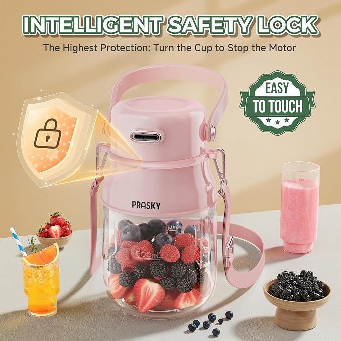 Portable Blender, Prasky Personal Blenders for Shakes and Smoothies with 27oz Cup, Lid and Shoulder Strap, Type-C USB Rechargeable, Personal Size Blenders BPA-free for Travel/Kitchen (Light Pink) | Personal Size Blenders for Shakes and Smoothies with 2...
