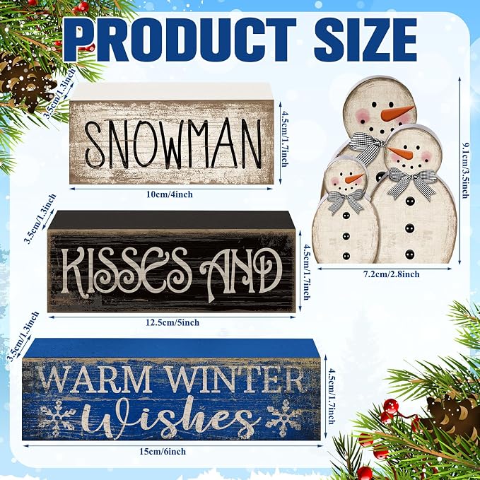 Lineshading 4 Pcs Wooden Snowman Tiered Tray Decor Winter Signs Home | Rustic Blocks with Snowman Family Topper, Warm Wishes Quote, Holiday Centerpiece for Christmas Tabletop Shelf Decorating