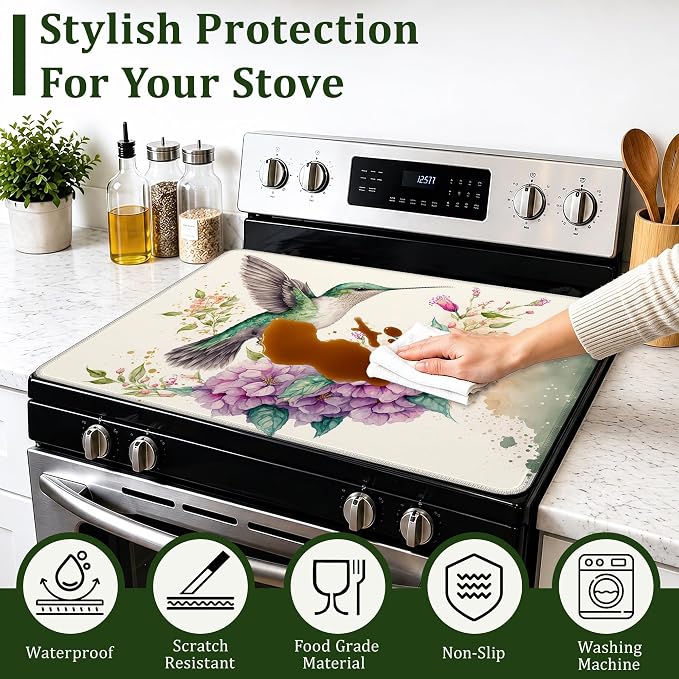 Stove Top Cover Hummingbird and Flowers 28.5x20.5Inch for Electric Stove,Heat Resistant Silicone Cooktop Protector,Glass Stove Cover Mat,Anti Scratch Countertop Protector