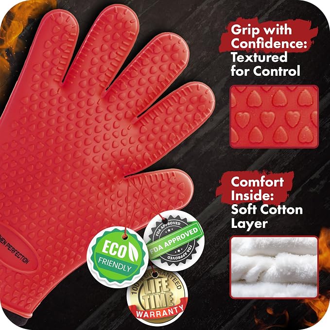 KITCHEN PERFECTION S Silicone Smoker BBQ Gloves - Heat Resistant Oven Mitts | Waterproof, 5-Finger Design For A Better Grip, for Pitmasters, Meat Smoking, Grilling, Cooking, Frying Turkey | Grill Gift