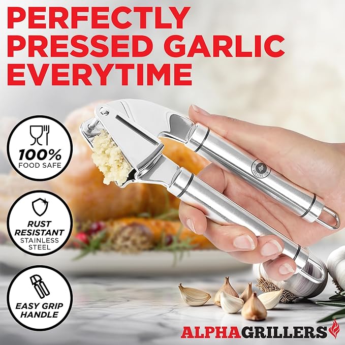 Alpha Grillers Garlic Press Stainless Steel, Mincer, Crusher & Peeler | Dishwasher Safe, Rust-Proof, BPA-Free & Easy to Clean