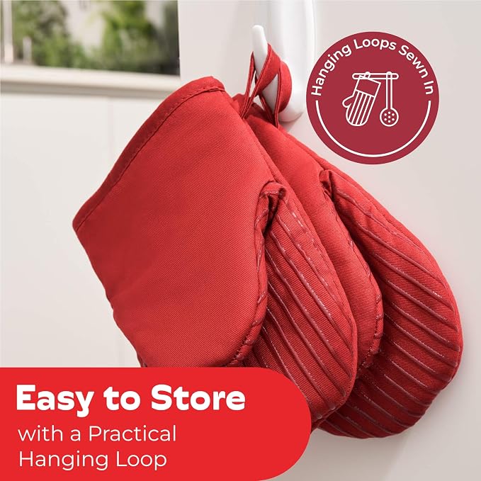 Silicone Mini Oven Mitts - Red Set of 2 - Heat Resistant to 536 F / 280 C Kitchen Gloves Professional Grade Pot Holders for Cooking Baking