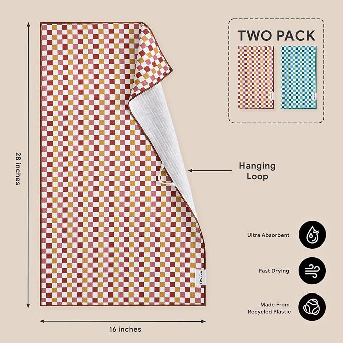 RECYCO Waffle Kitchen Towel Set of 2 - Quick Dry Microfiber Sustainable Dish Towels - Ultra Absorbent Reusable Cleaning Tea Towels - Lightweight Hand Towels,16”x 28”, Checkerboard Bliss