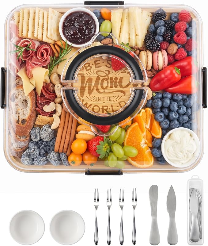 Portable Bamboo Charcuterie Board with Lid, Engraved Mom Print | Includes Knife Set, Plates, Forks & Handle, Travel Serving Tray Platter for Cheese, Meat, Fruit, Housewarming Gift for Mom