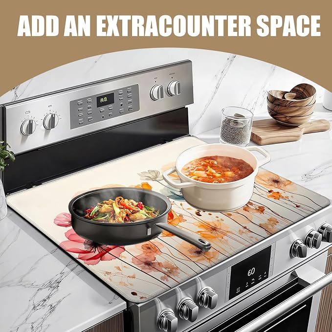 Colorful Poppy Floral Stove Top Covers for Electric Stove, Electric Gas Stove Pad Heat Resistant Range Cooktop Protector for Home Decor Kitchen 28"x20"