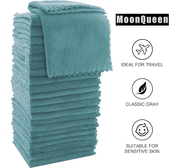 MOONQUEEN Ultra Soft Premium Washcloths Set - 12 x 12 inches - 24 Pack - Quick Drying - Highly Absorbent Coral Velvet Bathroom Wash Clothes - Use as Bath, Spa, Facial, Fingertip Towel (Teal)