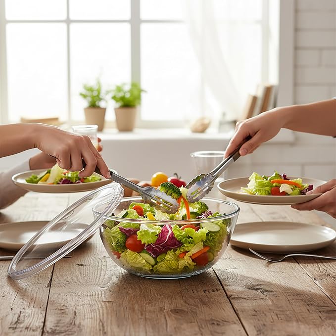 Large Glass Mixing Bowl, 4.7 Quart Large Glass Salad Bowl with Lid (Deep, Wide Design)