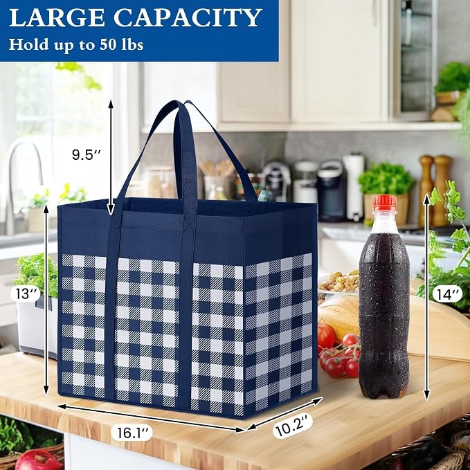 Reusable Grocery Shopping Bags 10 Pack Large Foldable Tote Bags Bulk | Eco Produce Bags with Long Handle for Shopping Groceries Clothes (Plaid A)