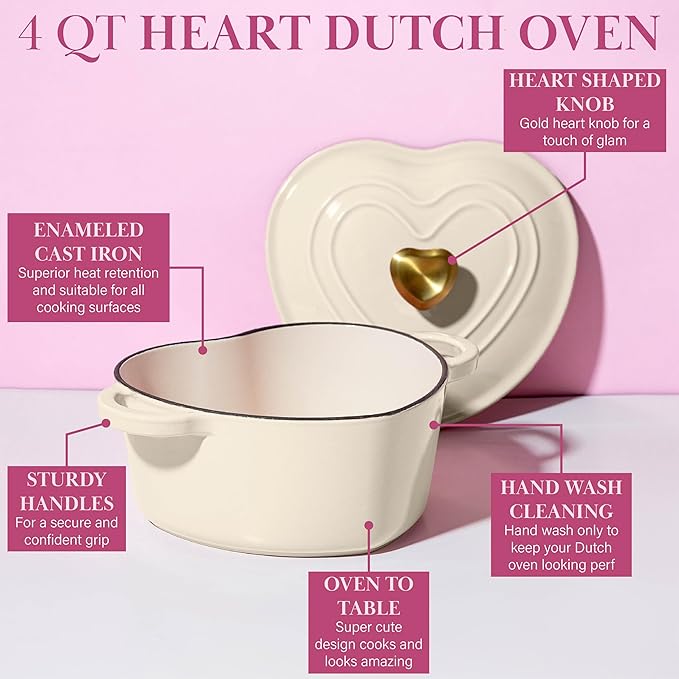 Paris Hilton Enameled Cast Iron Dutch Oven Pot with Lid, Heart-Shaped Dutch Oven, Durable Cast Iron Pot with Dual Handles, Oven Safe to 500°F, Works on All Stovetops, 4-Quart, Cream