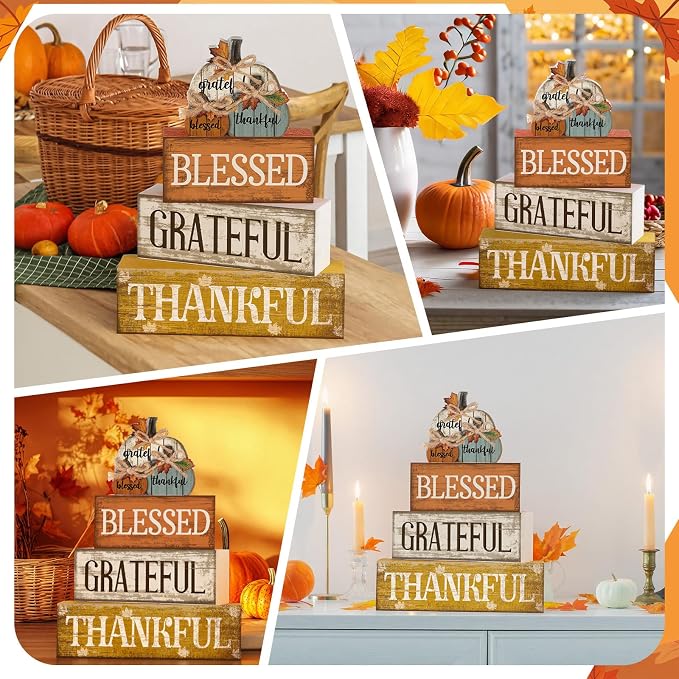 Lineshading 4 Pcs Stacked Pumpkin Block Signs, Fall Thanksgiving Decor | Rustic Wooden Signs with Grateful Blessed Thankful Words, Farmhouse Tabletop Centerpiece for Autumn Tiered Tray Decorations