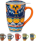 vancasso 18 Oz Tea Infuser Mug with Lid, Amber Iris Bloom | Eye-Catching Bohemian Pattern, Adds Charm to Any Tea Corner, Ceramic Mug with Infuser, Microwave and Dishwasher Safe
