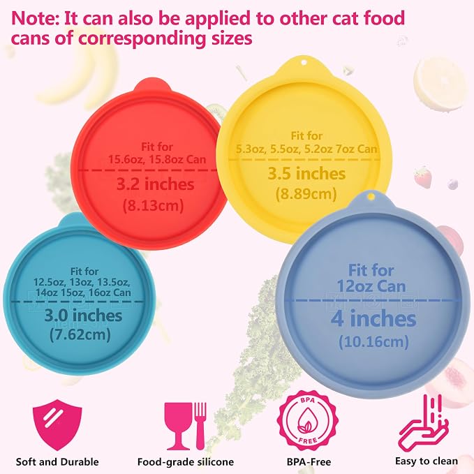 Set of 4 Packs Silicone Can Lids for Canned Food, Fit 3.0''|3.2''|3.5''|4.0-inches Food Can | Leak-Proof and Reusable Lids | Can Covers Toppers | Different Sizes | Dishwasher Safe