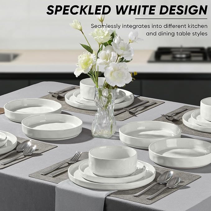 E-far Stoneware Dinnerware Set, 16-Piece White Plates and Bowls Sets for 4 | Modern Ripple Design Dishes Set for Kitchen Dining, Chip & Scratch Resistant, Microwave & Dishwasher Safe, Speckled White
