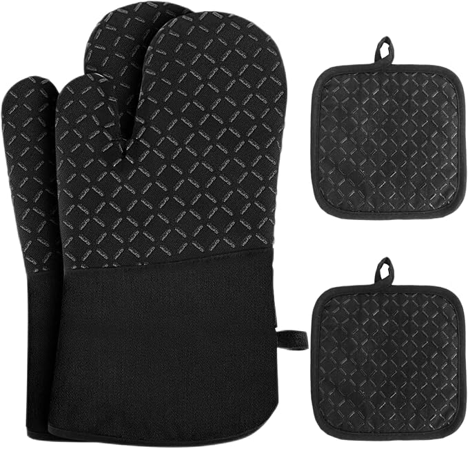 4 Pcs Oven Mitts and Pot Holders,Oven Glove High Heat Resistant 500 Degree,Long Oven Mitts with Recycled Cotton Infill and Silicone Non-Slip Surface for Baking,Kitchen,Cooking(Black)