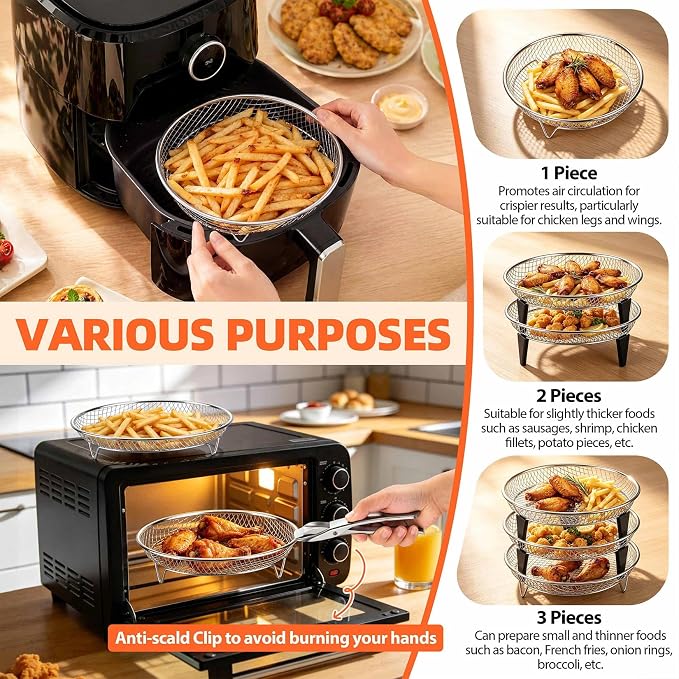 P&P CHEF 7.9'' Round Air Fryer Rack Set of 3, Air Fryer Basket for Grill | Stackable Stainless Steel Air Fryer Accessories for Roasting, With Anti-scalding Clip & Silicone Feet, Oven & Dishwasher Safe