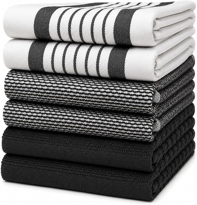 Premium Kitchen Towels 6 Pack 100% Cotton 20"x28" Dish Towels Black Striped | Large Flat & Terry Kitchen Linen Set with Hanging Loops, Highly Absorbent for Washing and Drying Dishes