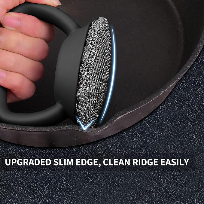 Cast Iron Cleaner Scrubber with Heavy Duty Handle, 3mm Welded Chain Mail | Fine Ring, Stainless Steel Sponge Chainmail Scrubber, Skillet Oven Grill Cleaning Metal Brush -Dishwasher safe,Heat Resistant