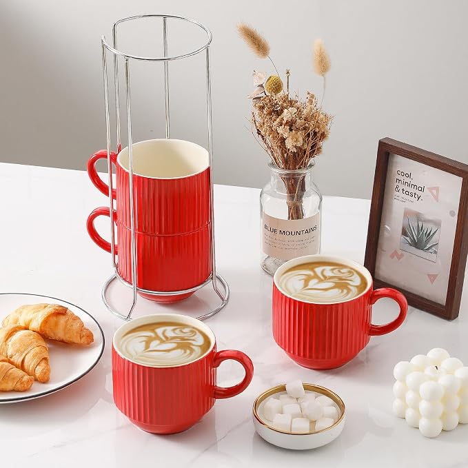 HASENSE Red Coffee Mugs, 15 oz Stackable Coffee Cups Set of 4 with Rack - Ceramic Large Ribbed Modern Latte Cup Set for Cappuccino, Tea, Hot Cocoa, Drinks - Dishwasher & Microwave Safe