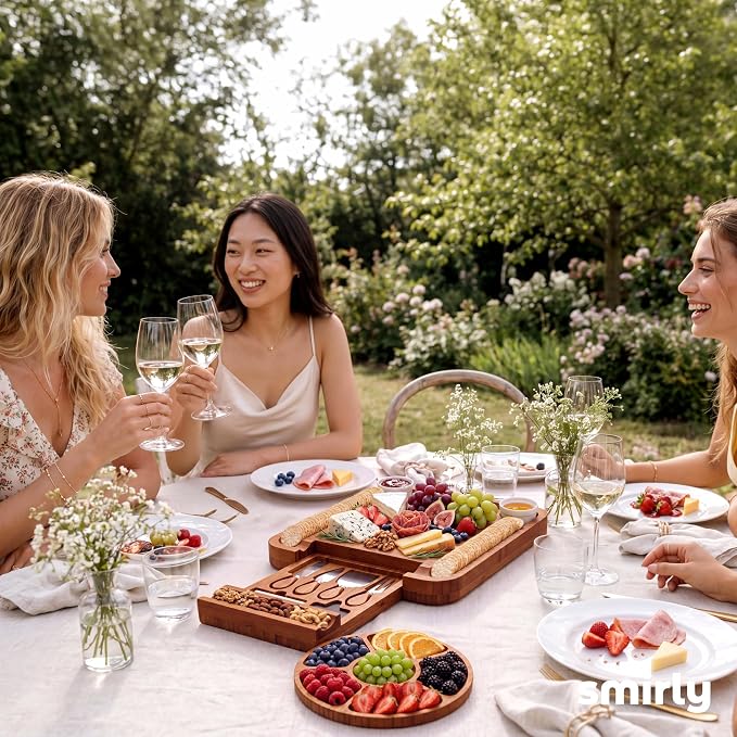 SMIRLY Charcuterie Board Set with Serving Accessories, Bamboo Brown | Housewarming and Wedding Gift for Couples, Designed for Movie Nights, Wine Nights and Serving Snacks at Home Gatherings