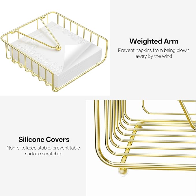 Napkin Holder for Table with Weighted Arm, Dinner Metal Flat Napkin Holders for Paper Napkins, Outdoor Napkin Dispenser Restaurant (Gold)