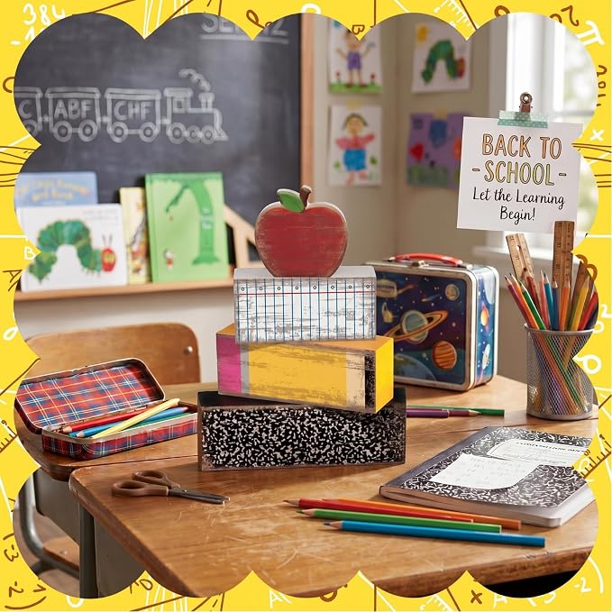Lineshading 4 Pcs Back To School Table Decorations Wooden Apple Block Signs | Rustic Farmhouse Signs with Pencil Shape, Fake Apples Decor, Tiered Tray Display, Teacher Gifts, Classroom Decorations