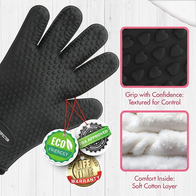 KITCHEN PERFECTION S Silicone Smoker BBQ Gloves - Heat Resistant Oven Mitts | Made For Women, Waterproof, 5-Finger Design For A Better Grip, For Meat Smoking, Grilling, Cooking, Frying Turkey, Grill Gift
