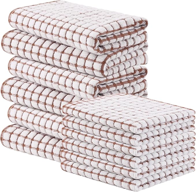 Homaxy Kitchen Towels and Dishcloths Set, Set of 12, Brown | Cotton Terry Kitchen Dish Towels, Super Soft and Absorbent Dish Cloths, 16 x 25 and 12 x 12 Inches
